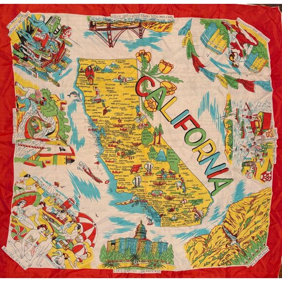 Vintage CALIFORNIA Map Silk Scarf Souvenir 1950s - Picture 1 of 7